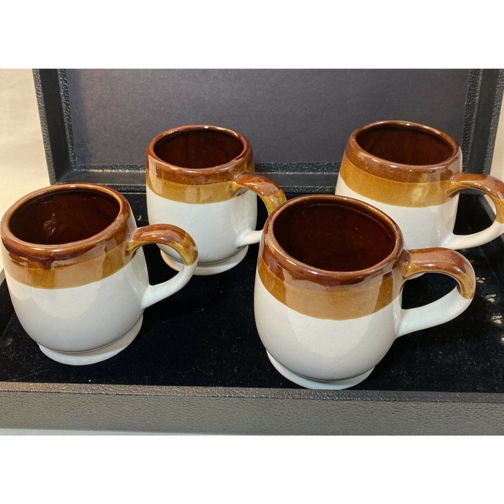 Set of 4 coffee mugs cup stoneware 4" Cream w/ Brown Rims Country Rustic Natural